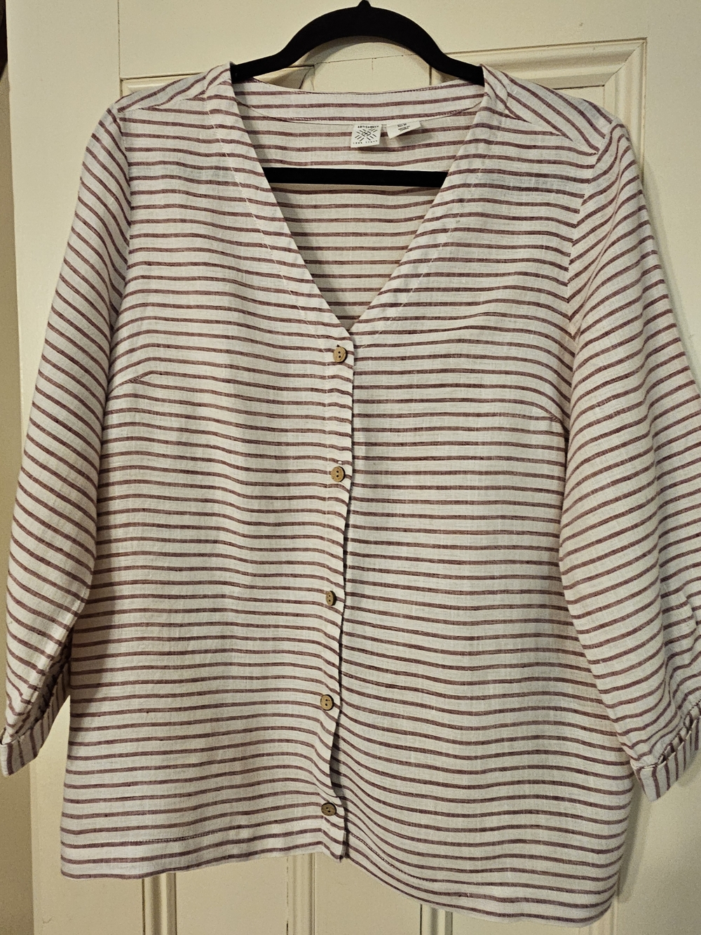 Artisan Striped Button-Front Top in White and Mauve